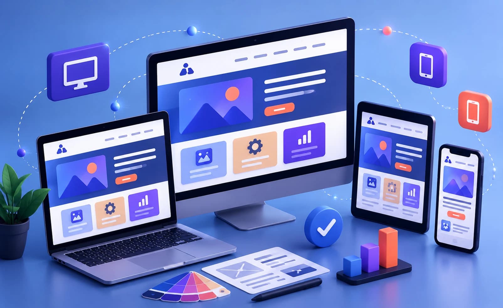Responsive web design displayed across smartphone, tablet, and desktop screens